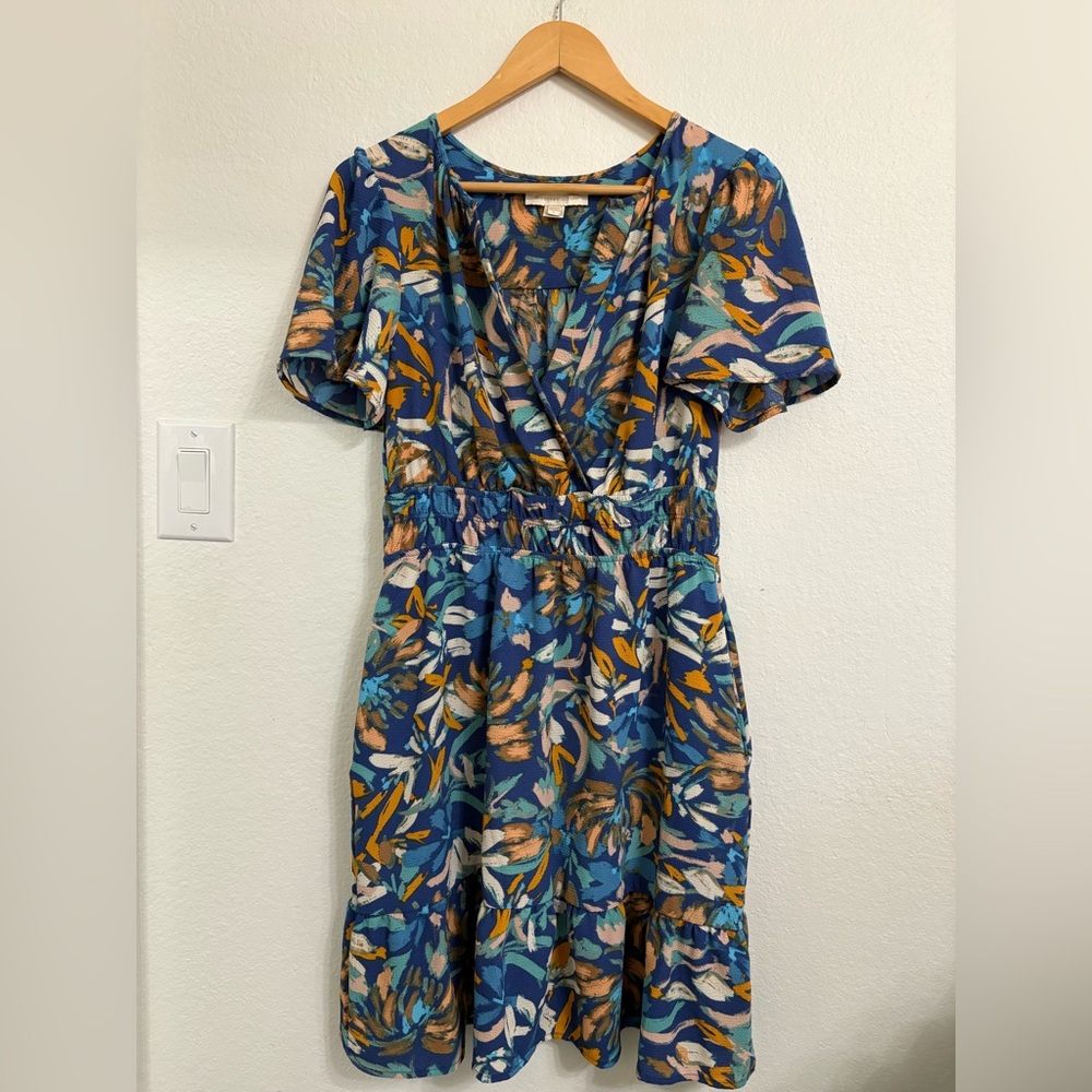Monteau Blue Floral Wrap-Style Midi Dress